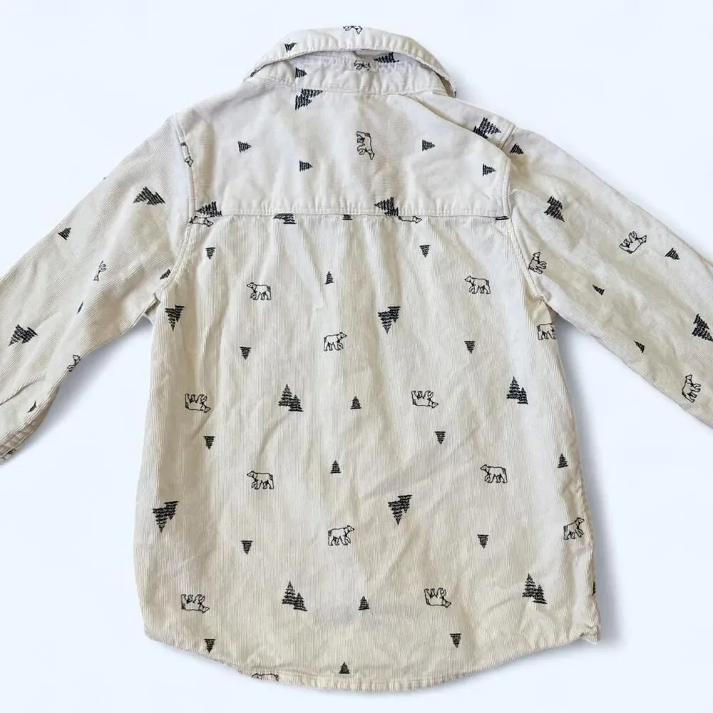 Carter’s Boys Button Down Shirt Size 5 White Bear Tree Print 100% Cotton